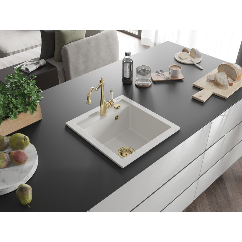Mexen Vito granite kitchen sink 1-bowl with Carla kitchen faucet, white - 6503-20-670700-50