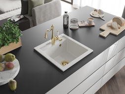 Mexen Vito 1-compartment granite sink with a kitchen mixer tap Carla, White - 6503-20-670700-50