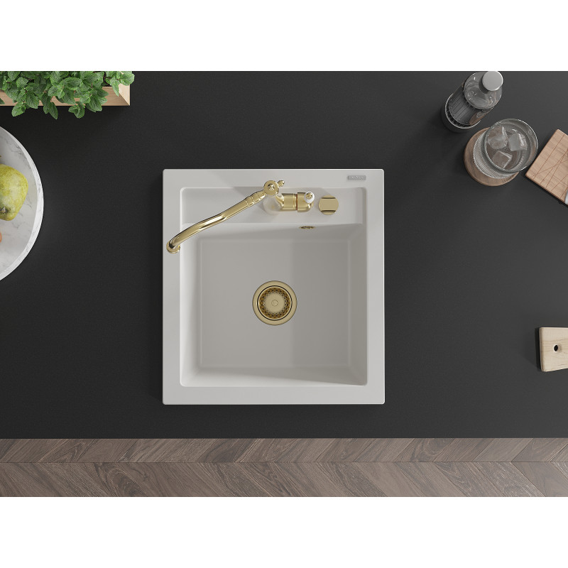 Mexen Vito granite kitchen sink 1-bowl with Carla kitchen faucet, white - 6503-20-670700-50