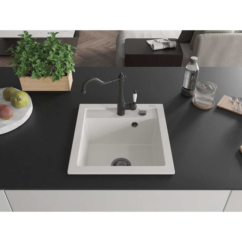 Mexen Vito 1-bowl granite sink with Carla kitchen faucet, white - 6503-20-670700-70