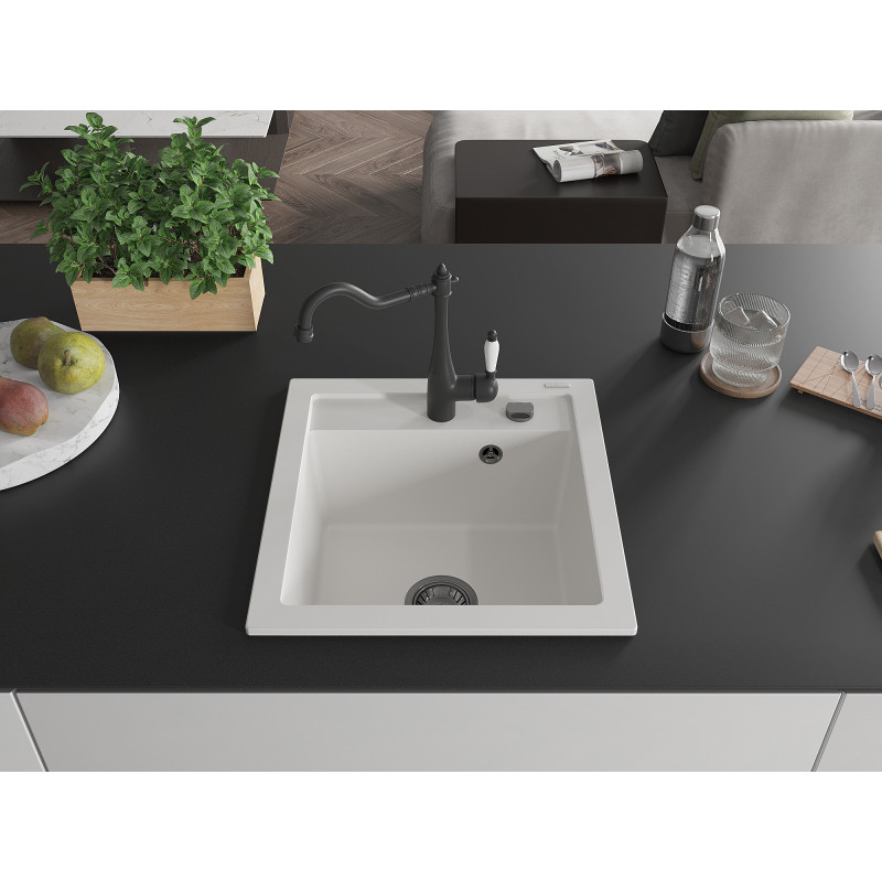 Mexen Vito granite sink 1-bowl with kitchen faucet Carla, white - 6503-20-670700-70