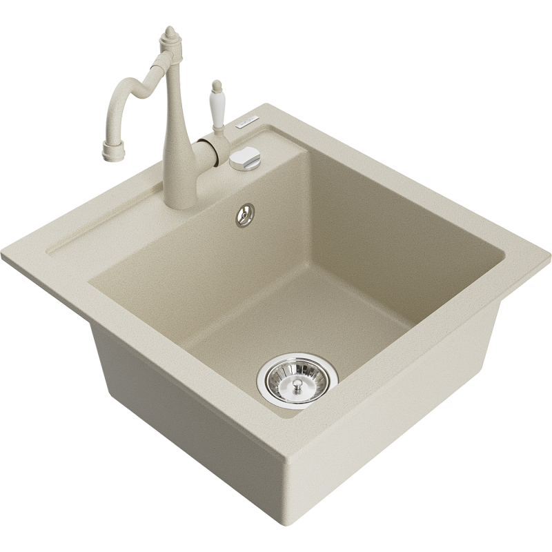 Mexen Vito 1-bowl granite sink with Carla kitchen tap, beige - 6503-69-670700-69