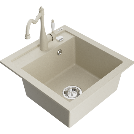 Mexen Vito 1-bowl granite sink with Carla kitchen faucet, beige - 6503-69-670700-69
