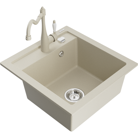 Mexen Vito 1-bowl granite sink with Carla kitchen tap, beige - 6503-69-670700-69