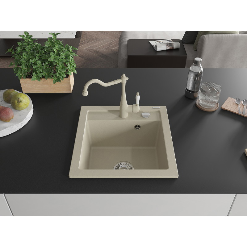 Mexen Vito 1-bowl granite sink with Carla kitchen faucet, beige - 6503-69-670700-69