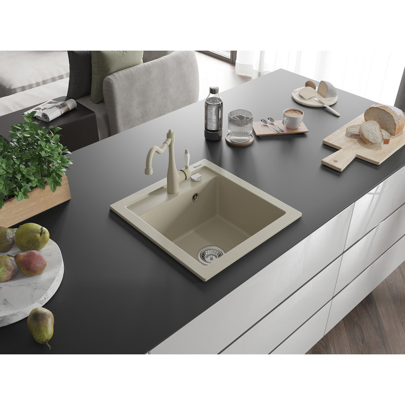 Mexen Vito 1-bowl granite sink with Carla kitchen faucet, beige - 6503-69-670700-69