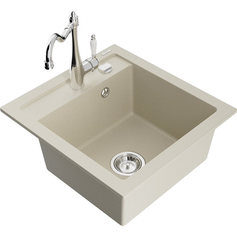Mexen Vito 1-bowl granite sink with kitchen faucet Carla, beige - 6503-69-670700-00