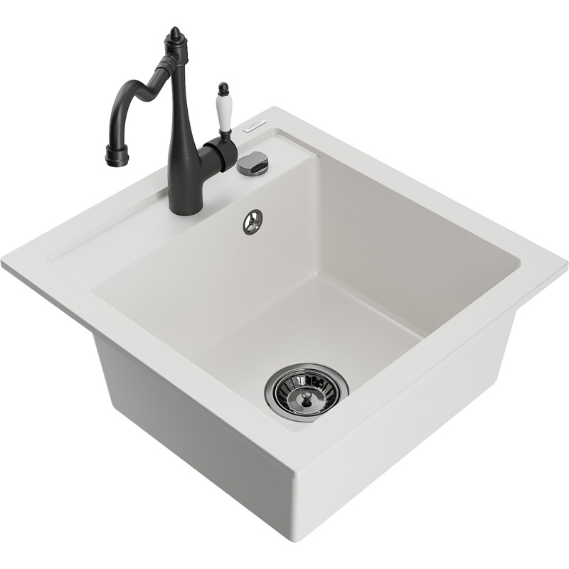 Mexen Vito 1-bowl granite sink with Carla kitchen faucet, white - 6503-20-670700-70