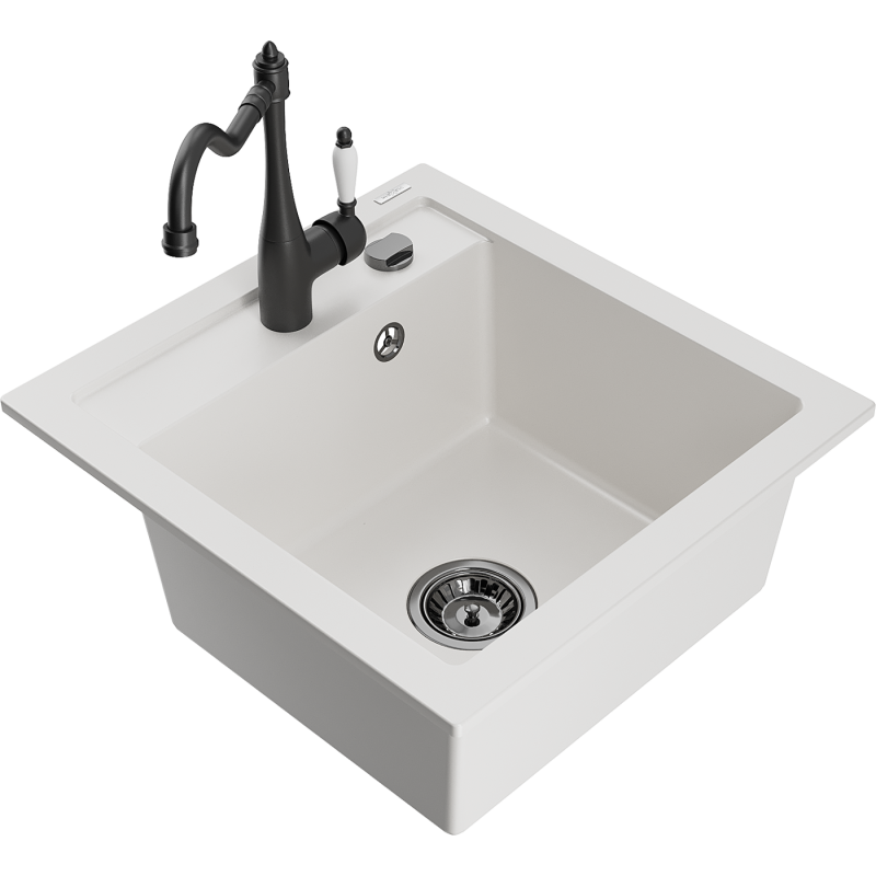 Mexen Vito granite sink 1-bowl with kitchen faucet Carla, white - 6503-20-670700-70
