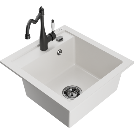 Mexen Vito granite sink 1-bowl with kitchen faucet Carla, white - 6503-20-670700-70