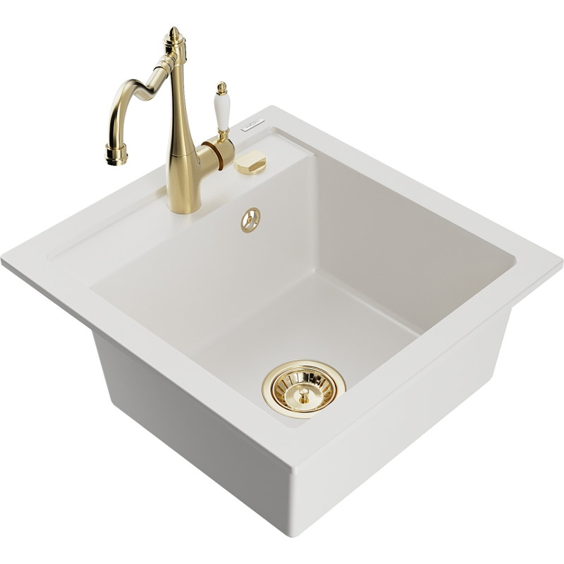Mexen Vito 1-compartment granite sink with kitchen faucet Carla, white - 6503-20-670700-50