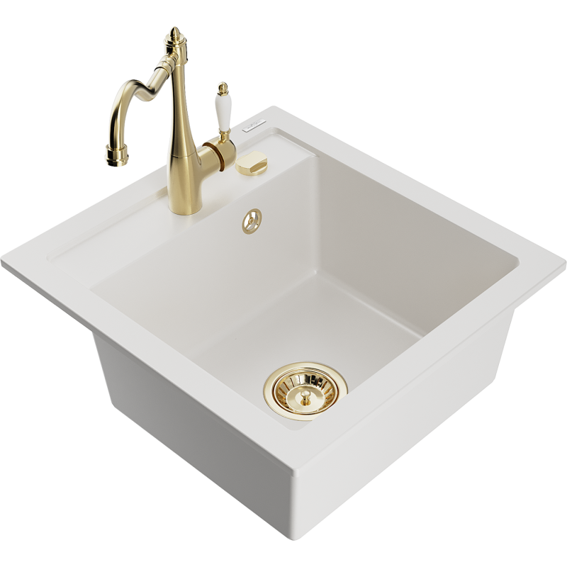 Mexen Vito granite kitchen sink 1-bowl with Carla kitchen faucet, white - 6503-20-670700-50
