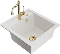 Mexen Vito granite kitchen sink 1-bowl with Carla kitchen tap, white - 6503-20-670700-50