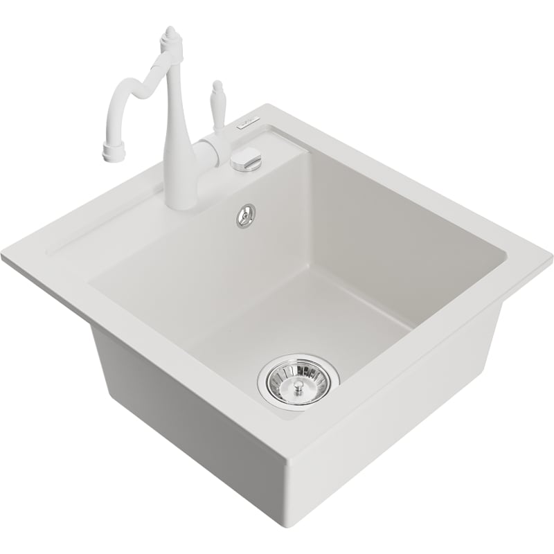 Mexen Vito granite kitchen sink 1-bowl with kitchen faucet Carla, white - 6503-20-670700-20