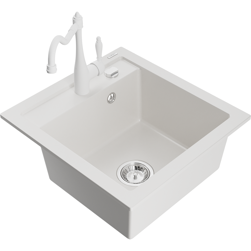 Mexen Vito granite sink 1-bowl with kitchen faucet Carla, white - 6503-20-670700-20