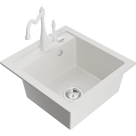 Mexen Vito granite kitchen sink 1-bowl with kitchen faucet Carla, white - 6503-20-670700-20