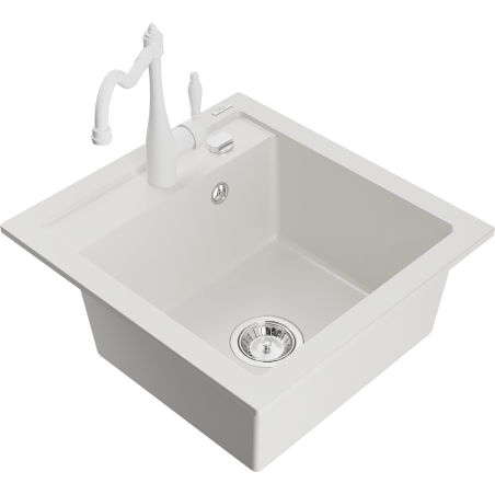 Mexen Vito granite sink 1-bowl with kitchen faucet Carla, white - 6503-20-670700-20