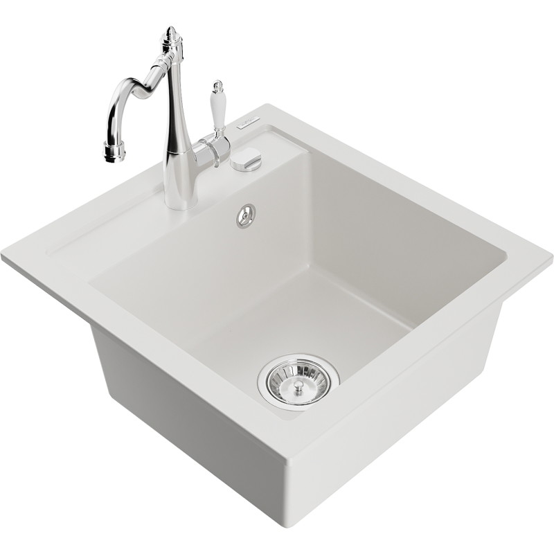 Mexen Vito 1-bowl granite sink with kitchen faucet Carla, white - 6503-20-670700-00