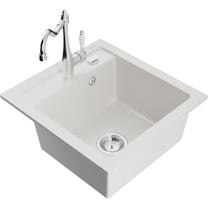 Mexen Vito granite kitchen sink 1-bowl with Carla kitchen faucet, white - 6503-20-670700-00