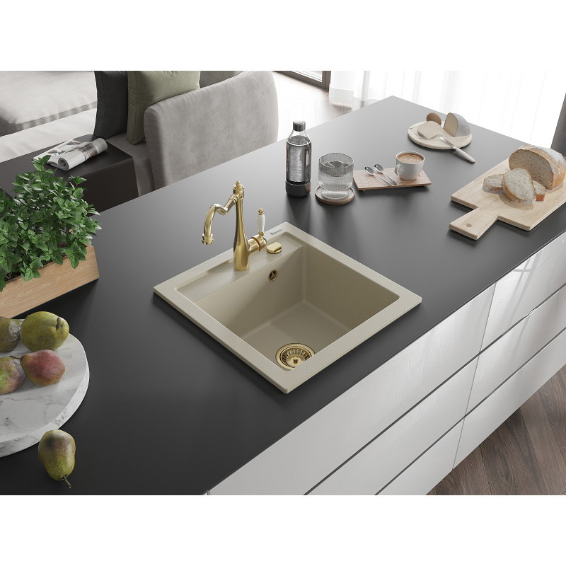 Mexen Vito granite kitchen sink 1-bowl with Carla kitchen faucet, beige - 6503-69-670700-50