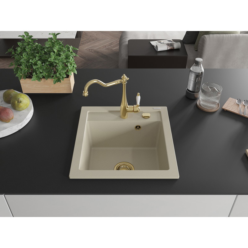 Mexen Vito granite kitchen sink 1-bowl with Carla kitchen faucet, beige - 6503-69-670700-50