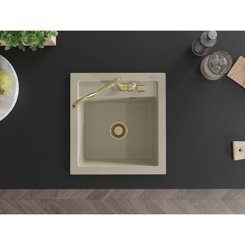 Mexen Vito granite kitchen sink 1-bowl with Carla kitchen faucet, beige - 6503-69-670700-50