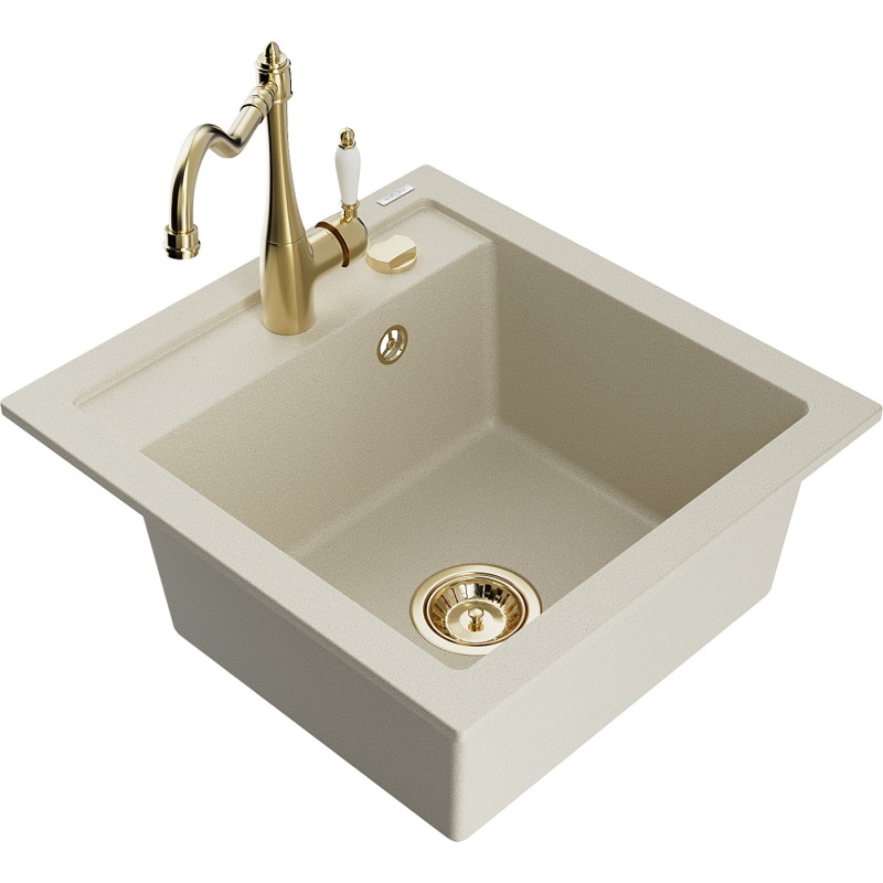 Mexen Vito 1-bowl granite sink with Carla kitchen faucet, beige - 6503-69-670700-50