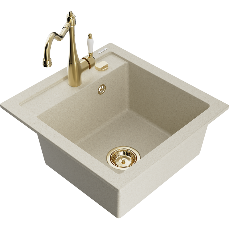 Mexen Vito 1-bowl granite sink with Carla kitchen tap, beige - 6503-69-670700-50