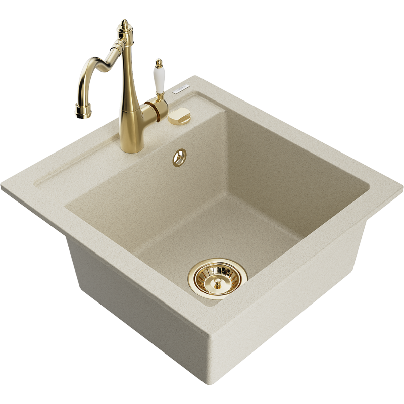 Mexen Vito granite kitchen sink 1-bowl with Carla kitchen faucet, beige - 6503-69-670700-50