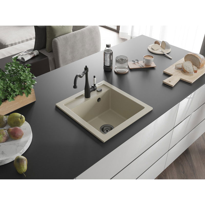 Mexen Vito 1-bowl Granite Kitchen Sink with Carla Tap, Beige - 6503-69-670700-70