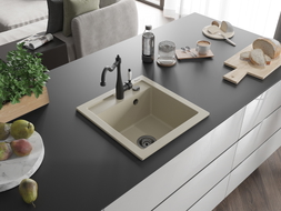 Mexen Vito 1-bowl granite sink with kitchen faucet Carla, beige - 6503-69-670700-70
