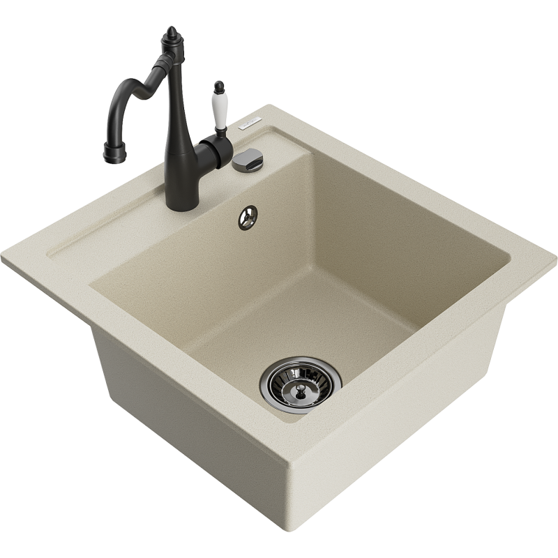 Mexen Vito 1-bowl Granite Kitchen Sink with Carla Tap, Beige - 6503-69-670700-70