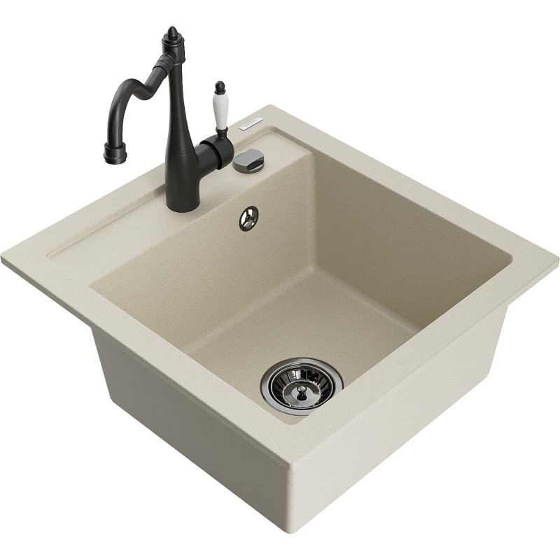 Mexen Vito 1-bowl granite sink with kitchen faucet Carla, beige - 6503-69-670700-70