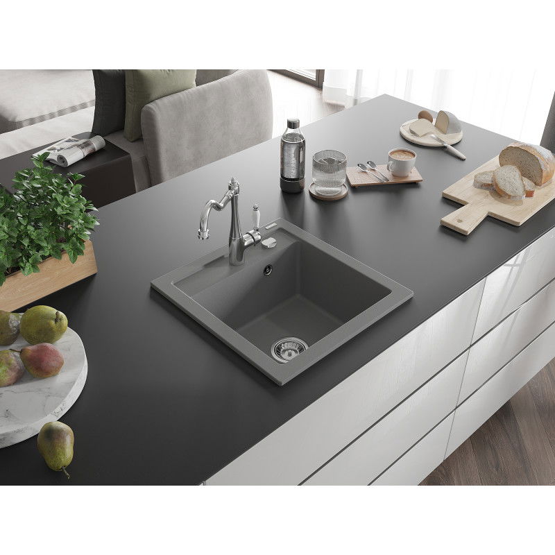 Mexen Vito granite kitchen sink 1-bowl with Carla kitchen tap, grey - 6503-71-670700-00