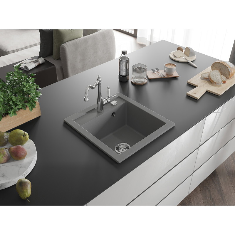 Mexen Vito granite sink 1-bowl with Carla kitchen faucet, gray - 6503-71-670700-00