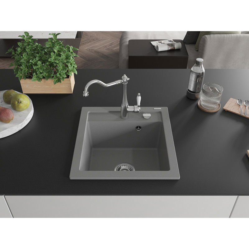 Mexen Vito granite kitchen sink 1-bowl with Carla kitchen tap, grey - 6503-71-670700-00