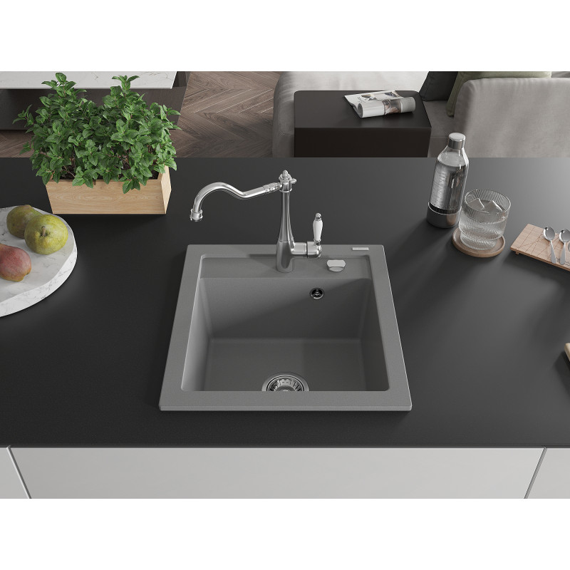 Mexen Vito granite sink 1-bowl with Carla kitchen faucet, gray - 6503-71-670700-00