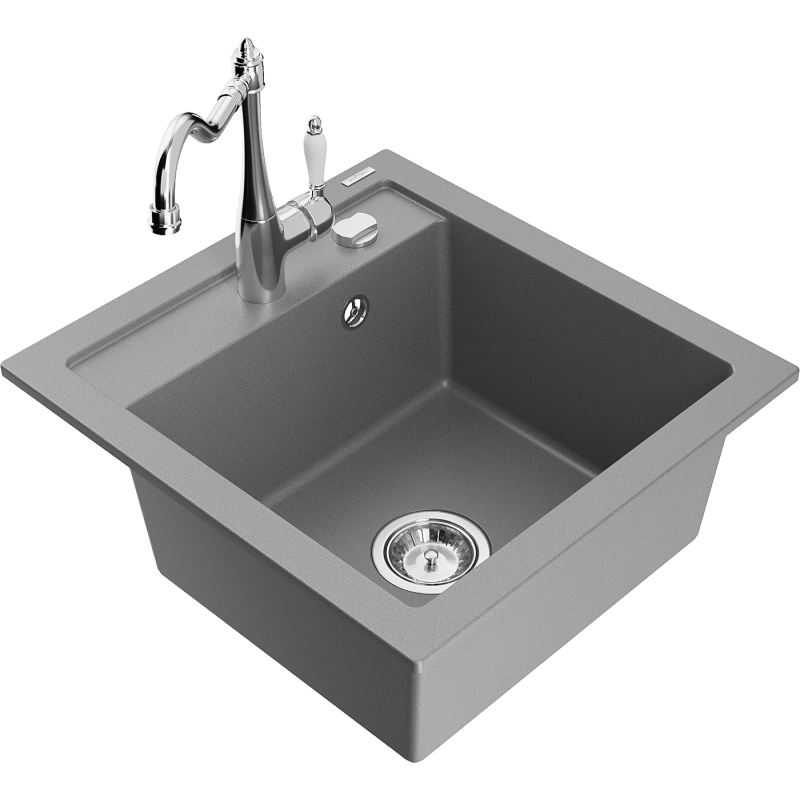 Mexen Vito granite kitchen sink 1-bowl with Carla kitchen tap, grey - 6503-71-670700-00