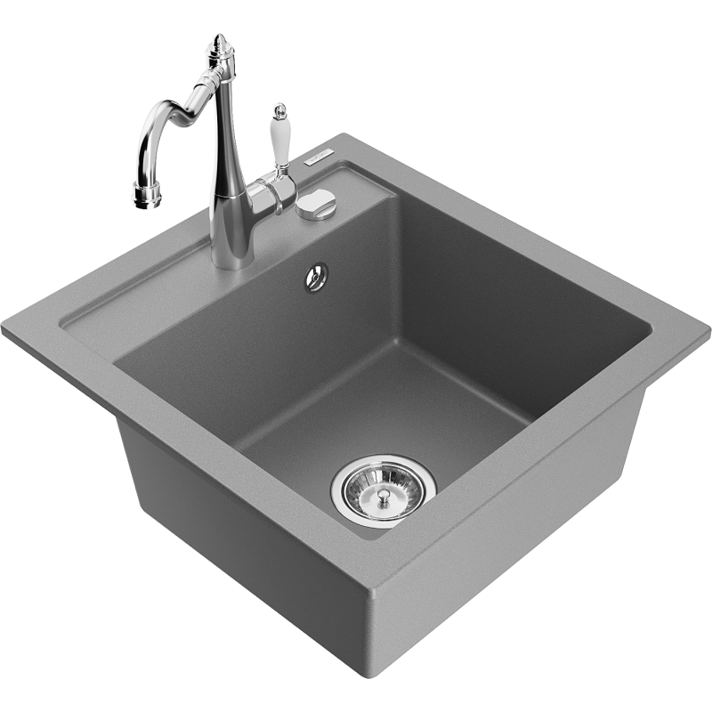 Mexen Vito granite sink 1-bowl with Carla kitchen faucet, gray - 6503-71-670700-00