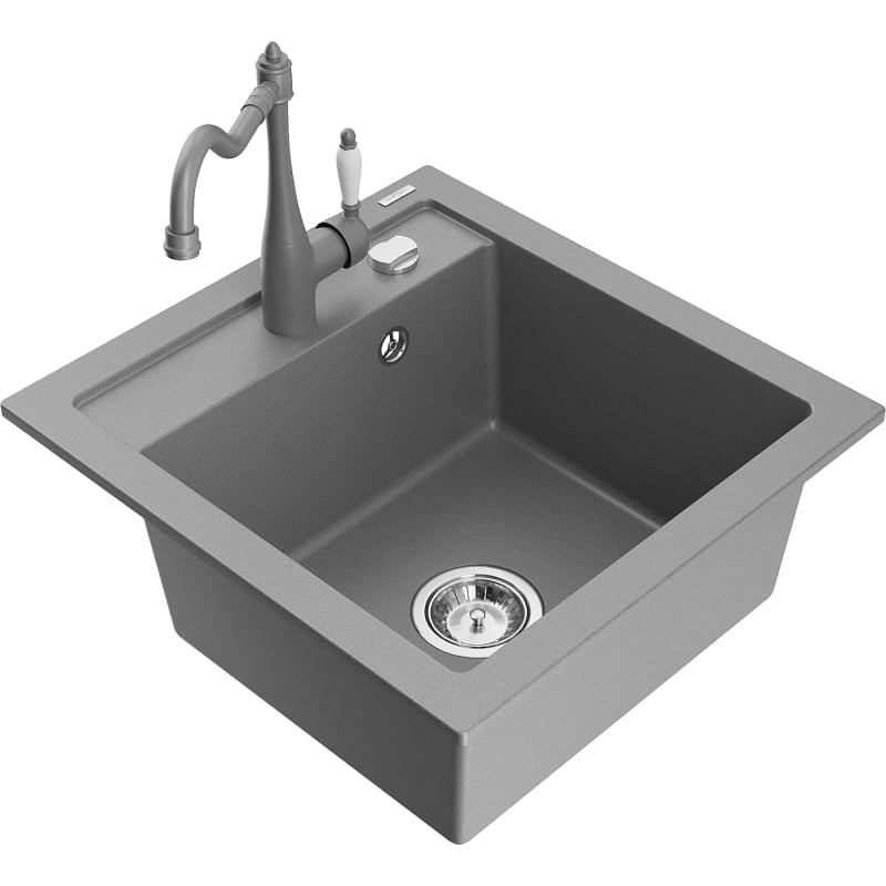 Mexen Vito granite kitchen sink with 1 basin and Carla kitchen faucet, gray - 6503-71-670700-71
