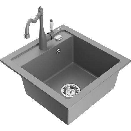 Mexen Vito granite kitchen sink with 1 basin and Carla kitchen faucet, gray - 6503-71-670700-71
