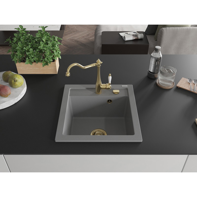 Mexen Vito 1-bowl granite sink with kitchen faucet Carla, gray - 6503-71-670700-50