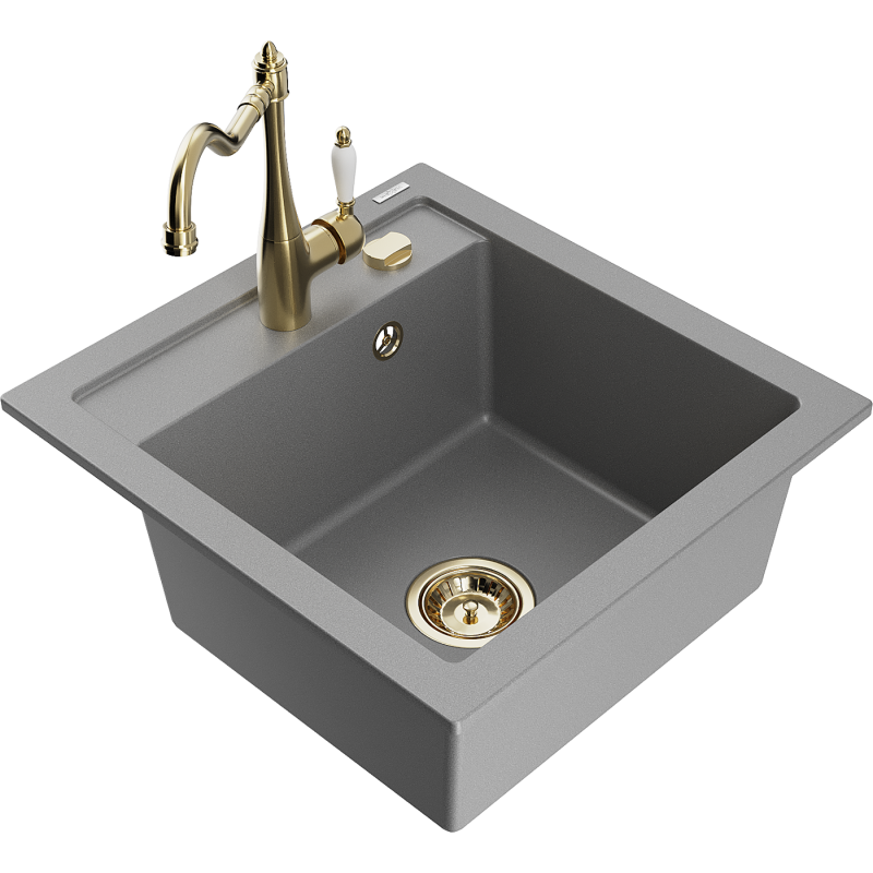 Mexen Vito granite sink 1-bowl with Carla kitchen tap, grey - 6503-71-670700-50