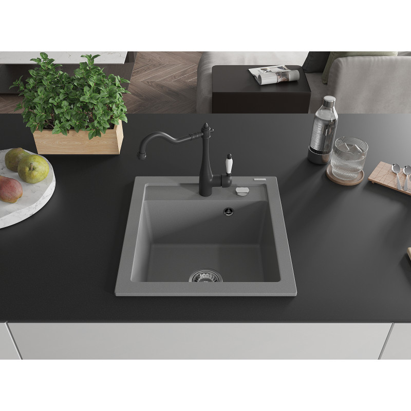 Mexen Vito granite single-bowl sink with Carla kitchen faucet, gray - 6503-71-670700-70