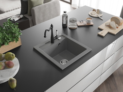 Mexen Vito granite sink 1-bowl with Carla kitchen tap, grey - 6503-71-670700-70