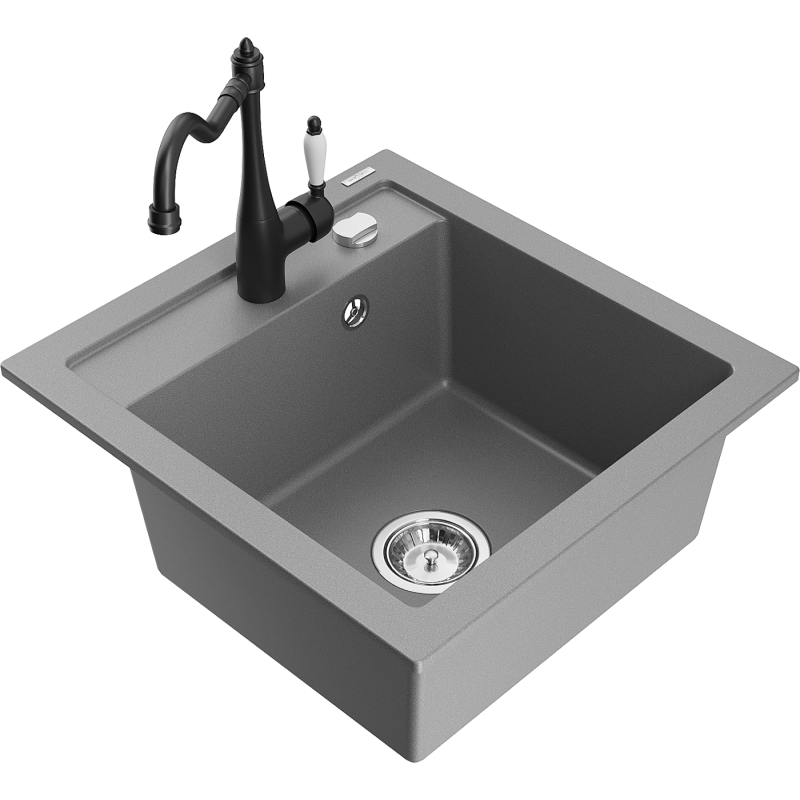 Mexen Vito granite sink 1-bowl with Carla kitchen tap, grey - 6503-71-670700-70