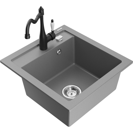 Mexen Vito granite sink 1-bowl with Carla kitchen tap, grey - 6503-71-670700-70