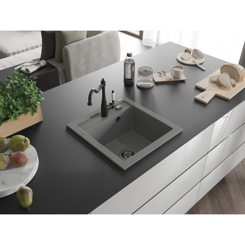 Mexen Vito granite kitchen sink single-bowl with Carla kitchen faucet, gray - 6503-71-670700-70-B