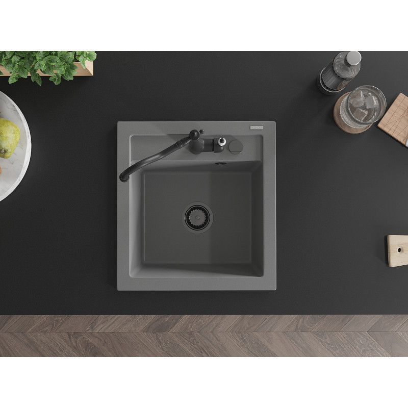Mexen Vito granite kitchen sink single-bowl with Carla kitchen faucet, gray - 6503-71-670700-70-B