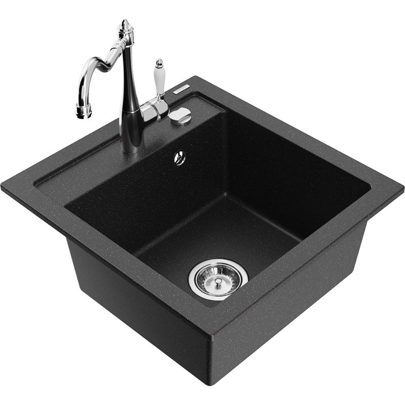Mexen Vito 1-bowl granite sink with Carla kitchen tap, black/silver metallic - 6503-73-670700-00